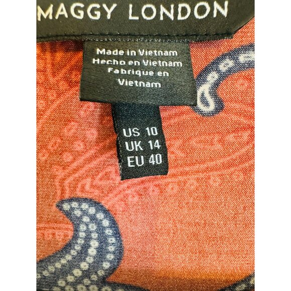 Maggy London 10 Red Paisley Wrap Dress Short Sleeve V-Neck Office Attire - Picture 2 of 10